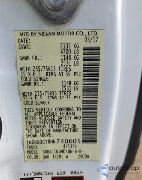 2017 Nissan Frontier S z USA, uszkodzony, nr VIN 1N6BD0CT8HN740605